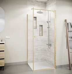 Porte de Douche Pivotante 70x195cm et Retour 90cm - Verre 8mm Anticalcaire - Profil Or Brosse