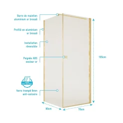 Porte de Douche Pivotante 70x195cm et Retour 90cm - Verre 8mm Anticalcaire - Profil Or Brosse