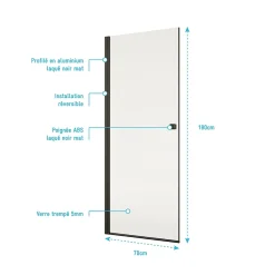 Porte de Douche Pivotante 70x180 cm en Verre Trempe 5 mm - Finition Noire - DARK ELEMENTARY