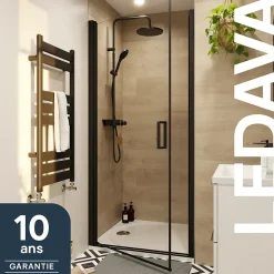 Porte de douche pivotante l.80 x H.195 cm, verre transparent, profilés alu noir, GoodHome Ledava