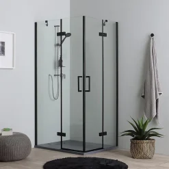 Porte De Douche 80X100 Noire Mate Réversible Avec Deux Portes Battantes En Verre - London