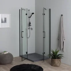 Porte De Douche 80X100 Noire Mate Réversible Avec Deux Portes Battantes En Verre - London