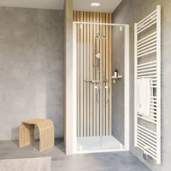 Portes de douche battantes en niche 90 x 200 cm, verre anticalcaire, profilé blanc mat, Schulte Impériale Trend 2.0