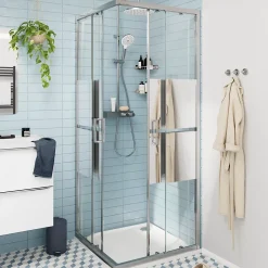 Portes de douche coulissantes accès d'angle l.80 x L.80 x H.195 cm, bandes miroir, profilés alu chrome, GoodHome Ledava