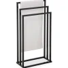 Porte-serviettes sur pied KUNO portant pour vêtements et linge de salle de bain avec 3 niveaux d'étendage, structure en métal noir