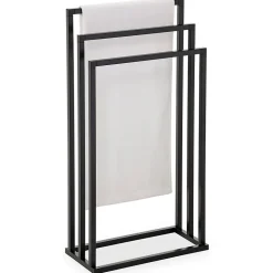 Porte-serviettes sur pied KUNO portant pour vêtements et linge de salle de bain avec 3 niveaux d'étendage, structure en métal noir