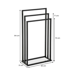 Porte-serviettes sur pied KUNO portant pour vêtements et linge de salle de bain avec 3 niveaux d'étendage, structure en métal noir