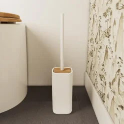 Pot à balai WC en céramique et bambou, blanc, GoodHome Cervia