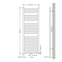 Radiateur de Salle de Bain Design Sahara, 500 x 1500 mm, Noir Mat, Forme Droit avec Connexion Central, sans Kit de Raccordement