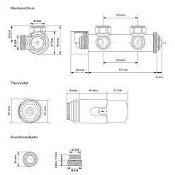 Radiateur de Salle de Bain - 300 x 1800 mm - Blanc - Droit avec Raccordement Central