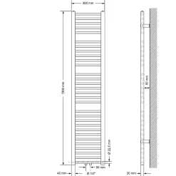 Radiateur de Salle de Bain Design Sahara, 300 x 1800 mm, Noir Mat, Forme Droit