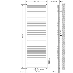 Radiateur de Salle de Bain Design Sahara, 600 x 1800 mm, Blanc, Forme Courbé