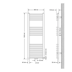 Radiateur de Salle de Bain Design Sahara, 400 x 1200 mm, Blanc, Forme Courbé