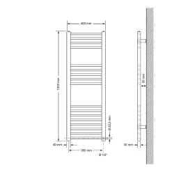 Radiateur de Salle de Bain Design Sahara, 400 x 1200 mm, Noir Mat, Forme Droite