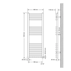 Radiateur de Salle de Bain Design Sahara, 400x1200 mm, Noir Mat, Forme Courbé