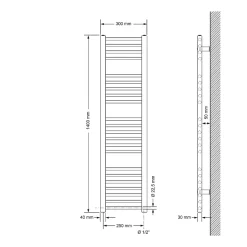 Radiateur Design Sahara - 300 x 1400 mm - Anthracite - Connexion Latéral - Forme Droit - avec Kit de Montage Mural