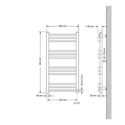 Radiateur Electrique Sahara 500x800 mm, Chrome, Sèche-Serviettes en Panneau, Raccordement Latéral Courbé, Barre Chauffante
