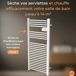 Radiateur sèche serviettes électriques à inertie sèche barres rondes 750W thermostat programmable Cosyup Olen Blanc Garantie 3 ans