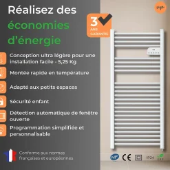 Radiateur sèche serviettes électriques à inertie sèche barres rondes 750W thermostat programmable Cosyup Olen Blanc Garantie 3 ans