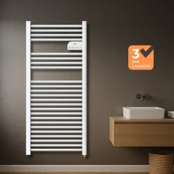 Radiateur sèche serviettes électriques à inertie sèche barres rondes 750W thermostat programmable Cosyup Olen Blanc Garantie 3 ans