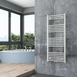 Radiateur sèche-serviettes 120x50cm design salle de bain en laiton, Blanc, R18W, Avec porte-serviette droit, + kit connexion blanc