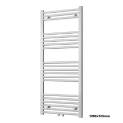 Radiateur sèche-serviettes 120x50cm design salle de bain en laiton, Blanc, R18W, Avec porte-serviette droit, + kit connexion blanc