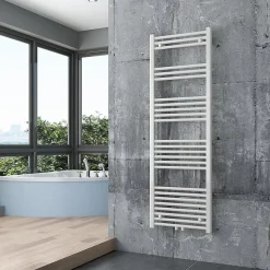 Radiateur sèche-serviettes 150x50cm design salle de bain en laiton, Blanc, R18W, Avec porte-serviette droit, Sans kit de connexion