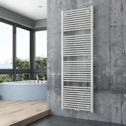 Radiateur sèche-serviettes 180x60cm design salle de bain en laiton, Blanc, R18W, Avec porte-serviette droit + kit connexion blanc