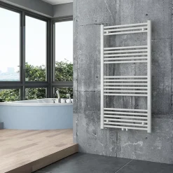 Radiateur sèche-serviettes 120x60cm design salle de bain en laiton, Blanc, R18W, Avec porte-serviette droit + kit connexion blanc