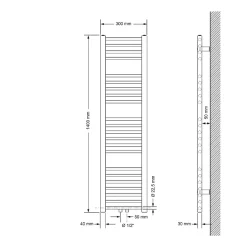 Radiateur Sèche-Serviettes Sahara - 300 x 1400 mm - Anthracite - Droit avec Raccordement Central