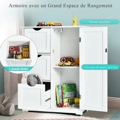 Rangement Salle de Bain 3 Tiroirs 1 Armoire Placard Porte Magnétique Anti Basculement étagère Réglable