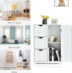 Rangement Salle de Bain 3 Tiroirs 1 Armoire Placard Porte Magnétique Anti Basculement étagère Réglable