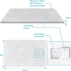 Receveur a poser en materiaux composite SMC - Finition ardoise blanc mat - 90x140 cm