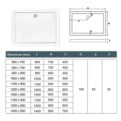 Receveur de douche à l'italien 100x80cm H.3cm, blanc, Bac à douche extra-plat en résine, avec une bonde H.55mm Design ultra-mince