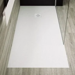 Receveur de douche 100 x 150 cm extra plat PURE en resine surface ardoisee blanc Grille inox