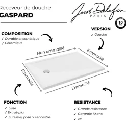 Receveur de douche 120 x 90 JACOB DELAFON Gaspard extra-plat céramique bonde à gauche