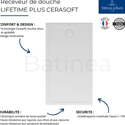Receveur de douche antidérapant 140 x 80 VILLEROY ET BOCH Lifetime Plus Cerasoft céramique blanc + Bonde chromé brossé
