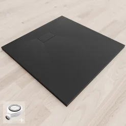 Receveur de douche BAYA extra-plat aspect pierre noir 90 x 90 cm + bonde