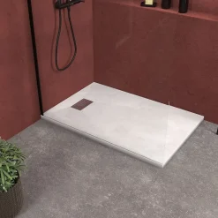 Receveur de douche Blanc Effet Pierre 90x140 cm et Grille décor Linéaire en Inox