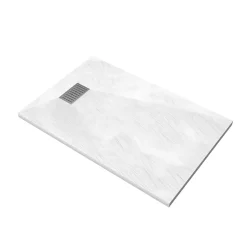 Receveur de douche Blanc Effet Pierre 90x140 cm et Grille décor Linéaire en Inox