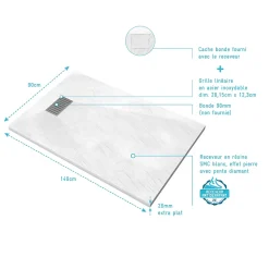 Receveur de douche Blanc Effet Pierre 90x140 cm et Grille décor Linéaire en Inox