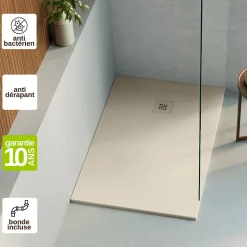 Receveur de Douche Extraplat 180x80cm Beige - Résine Minérale - Antidérapant - Effet Ardoise - Bonde Incluse - LAVABERG