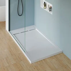 Receveur de douche fonte minérale, Blanc mat, 160x80x4.5cm, Bac à douche antidérapant, Pente écoulement, Sans bonde