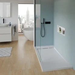 Receveur de douche fonte minérale, Blanc mat, 160x80x4.5cm, Bac à douche antidérapant, Pente écoulement, Sans bonde