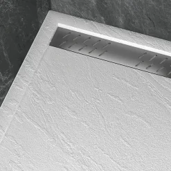 Receveur de douche L.120 x l.90 x H.4 cm, acrylique renforcé blanc effet pierre, avec grille d'évacuation gun metal, Galedo Pedra