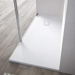 Receveur Kinesurf découpable 120x90 blanc aspect pierre avec cache-bonde assorti et bonde extra-plate