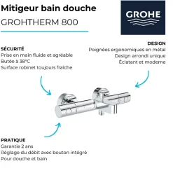 Robinet bain douche thermostatique GROHE Grohtherm 800 Cosmopolitan 1/2