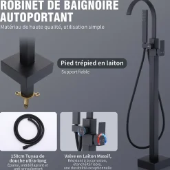 Robinet de Baignoire Cascade sur Pied Montage au Sol avec Douchette, pour Bain et Douche