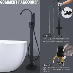 Robinet de Baignoire Cascade sur Pied Montage au Sol avec Douchette, pour Bain et Douche