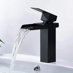 Robinet de Lavabo Cascade Noir Mitigeur de Lavabo Mono-trou Robinetterie Lave-mains Monocommande Robinet Salle de Bain